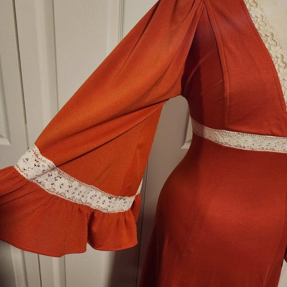 Vintage Rust & Cream Empire Wasit Prairie Lace Ruffle Bell Sleeved Dress - Picture 14 of 16